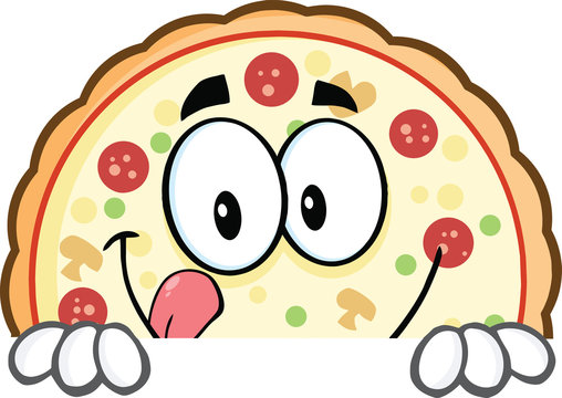 Smiling Pizza Cartoon Mascot Character Over A Sign