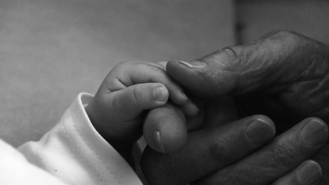 Hand in hand. Grandmother holds the hand of a newborn