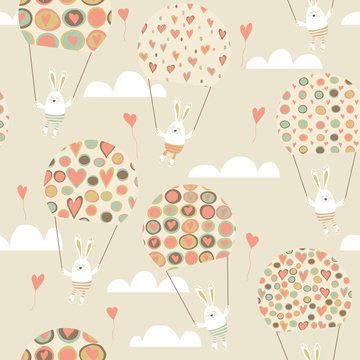 Romantic seamless pattern with cute rabbits parachutists . Parac
