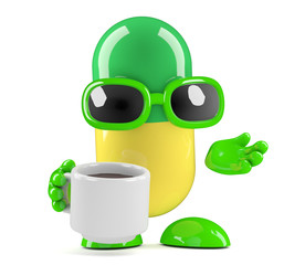Pill has a cup of tea