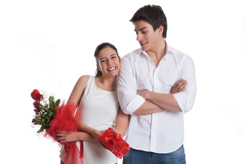 Valentine couple with roses and gift