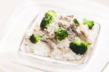 pork meat with broccoli and rice