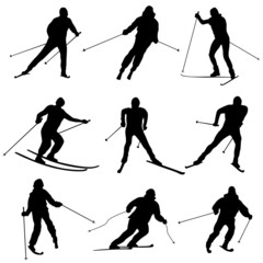 Set of vector silhouettes skiers.