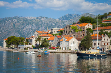 Fototapeta na wymiar Main embankment of Perast town,Kotor Bay, Montenegro