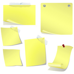 Yellow blank curved pinned memo paper on white