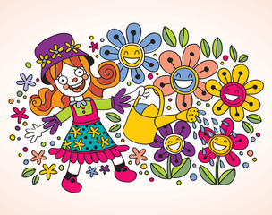 Naklejka premium Little girl watering flowers