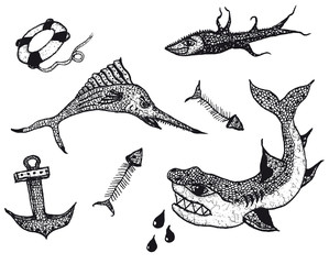 Fishes And Sailors Tattoo Icons Set