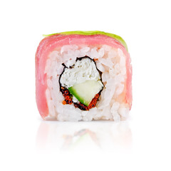 traditional fresh japanese sushi rolls on a white background