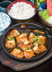 japanese cuisine. hot plate chicken on the background