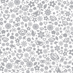 Seamless pattern of flowers, gray on white