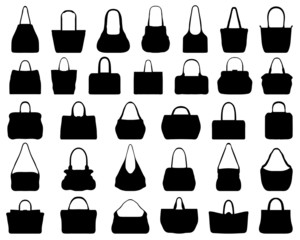 Big set of black silhouettes of handbags, vector