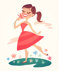 Girl is walking and smelling flowers. Vector illustration.