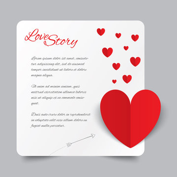 Red paper heart Valentines day card. Love story.