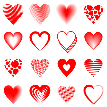 16 verschiedene rote Herzen