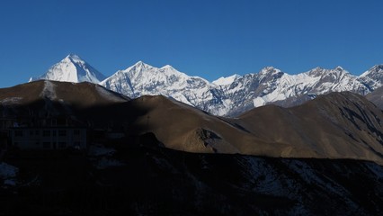Morning in Muktinath, view of Dhaulagiri and Tukuche Peak