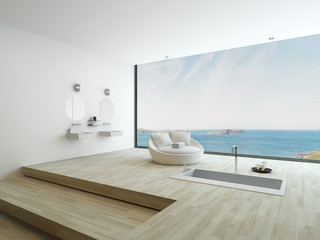 Modern floor bathtub against huge window with seascape view
