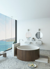 Design bathroom interior with modern round wooden bathtub