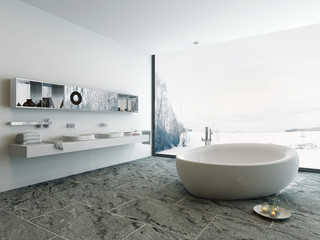 Fototapeta na wymiar Luxury bathroom interior with bathtub and stone floor