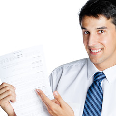Businessman showing document or contract, isolated
