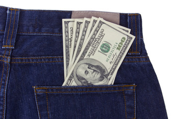 U.S. dollars in the back jeans pocket isolated on white