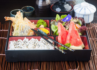 japanese cuisine. lunch box set on the background
