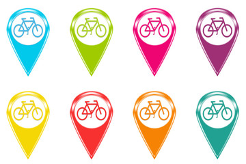 Set of icons or colored markers with bicycle symbol