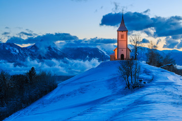 St. Primož church near Jamnik at dawn, Slovenia