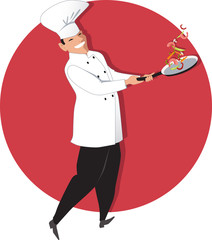 Chef tossing vegetable and shrimp stir fry on a skillet