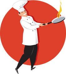Asian chef with a flaming skillet