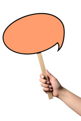 A hand holding a orange speech bubble