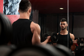 Fototapeta na wymiar Muscular Man Exercising Biceps With Dumbbells
