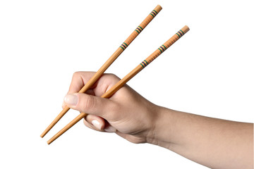 A hand holding chopsticks