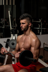 Fototapeta na wymiar Muscular Men Doing Heavy Weight Exercise For Biceps