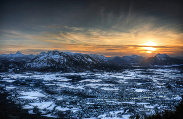 Salzburg winter panorama at sunset, Salzburger Land, Austria