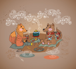 Cartoon fox and wolf tea time
