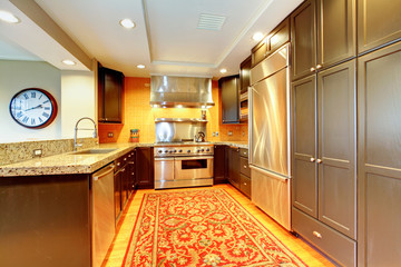 Shiny kitchen with black wood cabinets