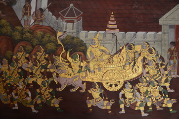 Ancient Thai mural painting with tempera colors and gilding painting of Ramayana story in  Wat Phra Sri Rattana Satsadaram, Bangkok.