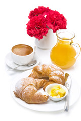 fresh breakfast - croissants with butter, espresso and juice