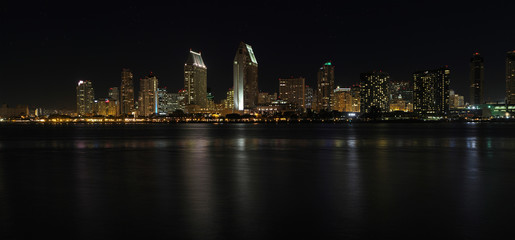 Panoramic skyline of San Diego, California at night