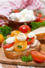 piece of ciabatta with mozzarella and colorful tomatoes