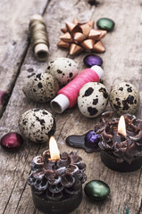 preparation Easter decorations of eggs and sewing