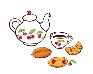 tea with sweet cakes vector illustration