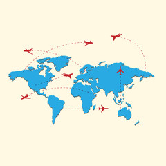 World travel map with airplanes