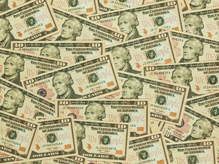 A Pile of Ten Dollar Bills as a Money Background