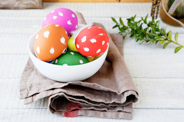 Easter eggs in a white bowl