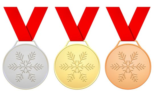 Medals with red ribbons for Winter games