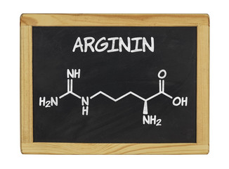 chemische Strukturformel von Arginin auf einer Schiefertafel