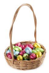 Chocolate eggs in a basket on white