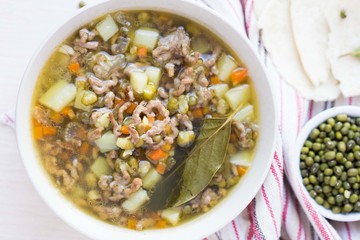 Meat soup with beef, mung green beans, legumes, hot Indian