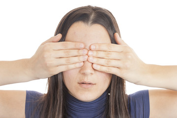 Young woman cover her eyes with her hand